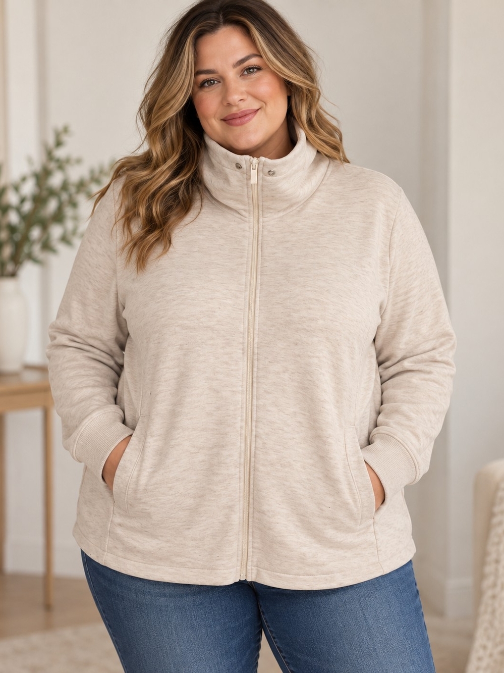 Hyba Beige Full-Zip Funnel Neck Jacket Sweater Size XXL